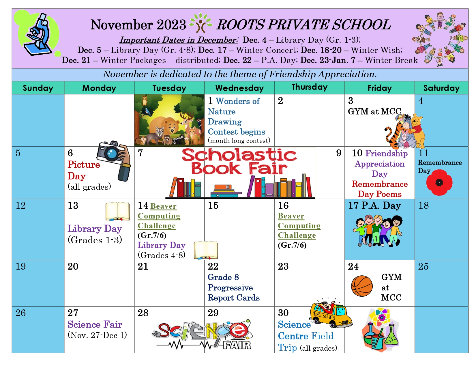Roots Private School monthly calendar